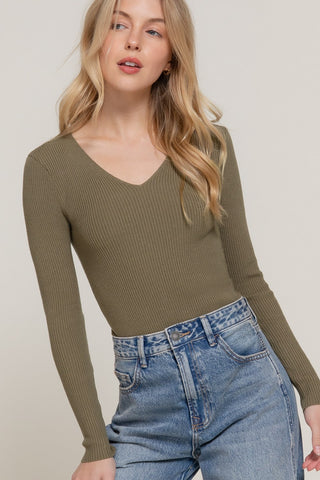 Long Sleeve V-Neck Fitted Viscose Rib Sweater Top - By Baano