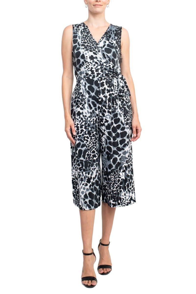Emma & Michele V - Neck Sleeveless Tie Side Multi Print Pockets ITY Jumpsuit - Glamourous Grace