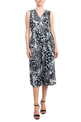 Emma & Michele V-Neck Sleeveless Tie Side Multi Print Pockets ITY Jumpsuit - By Baano