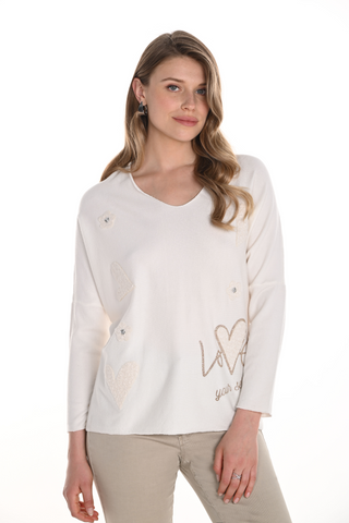 Ivory V Neck Sweater with Gold Heart and Love Lettering - By Baano