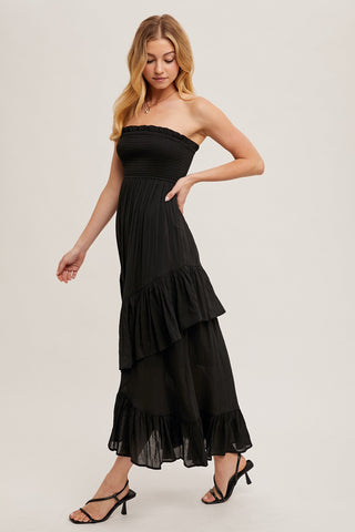 Strapless Tiered Ruffle Midi Dress