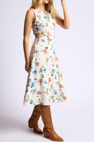 FLOWERED SIDE CUTOUT MIDI DRESS