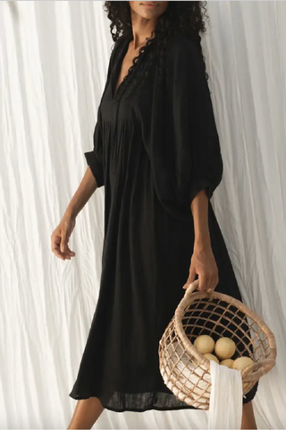 Cotton 3/4 Balloon Sleeve Maxi Dress