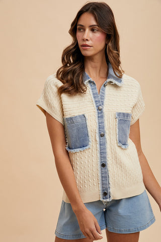 Denim Cable Sweater Jacket - By Baano