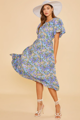 Garden Floral Puff Midi Dress