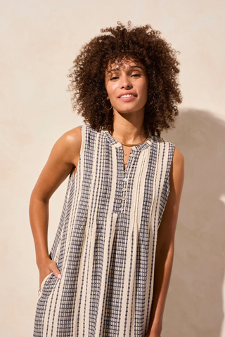 Yarn Dye Stripe Pintucked Sleeveless Dress