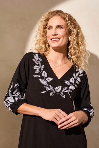 3/4 Sleeve V-Neck Embroidered Dress