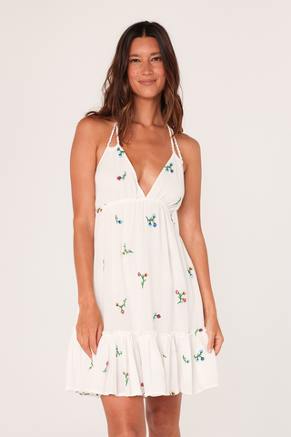 Floral Embroidered Gauze Halter Neck Mini Dress