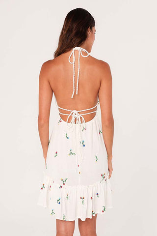 Floral Embroidered Gauze Halter Neck Mini Dress