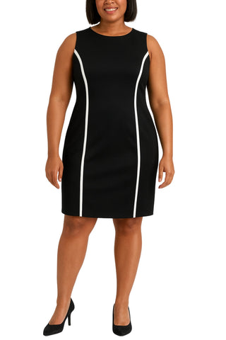 Danillo Black Crew Neckline Sleeveless Sheath Dress with Matching Open-Front Patch Pockets Jacket Suit Skirt (Plus Size)