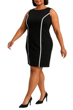 Danillo Black Crew Neckline Sleeveless Sheath Dress with Matching Open-Front Patch Pockets Jacket Suit Skirt (Plus Size)