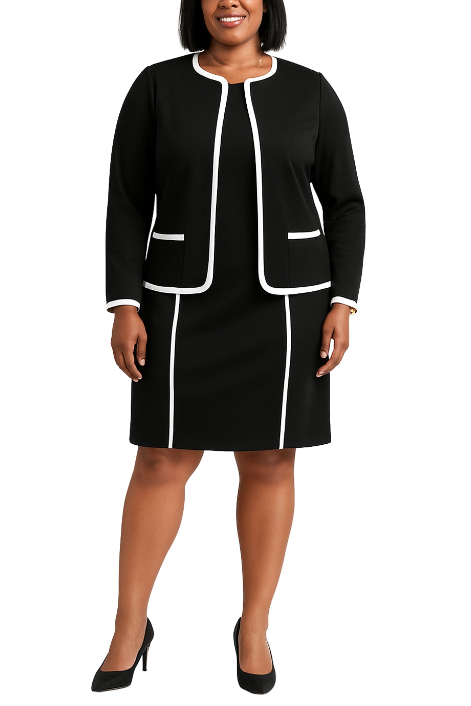 Danillo Black Crew Neckline Sleeveless Sheath Dress with Matching Open-Front Patch Pockets Jacket Suit Skirt (Plus Size)