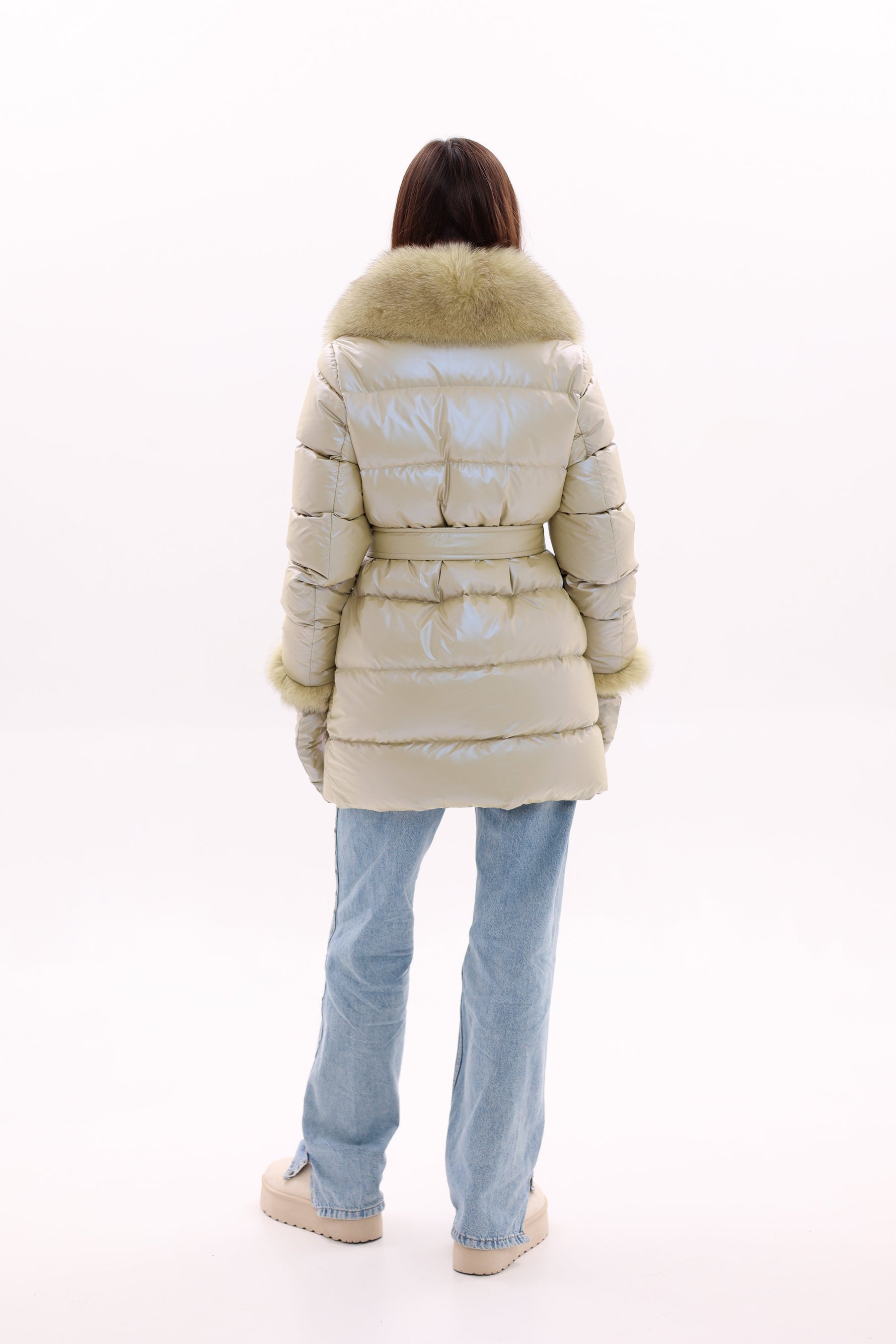 Genuine Fox Fur Down Coat with Fur Trim Mittens