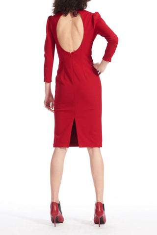 Emily Shalant Beaded Mock Neck And Bow Detail Open Back 3/4 Sleeves Back Zipper Short Dress - By Baano