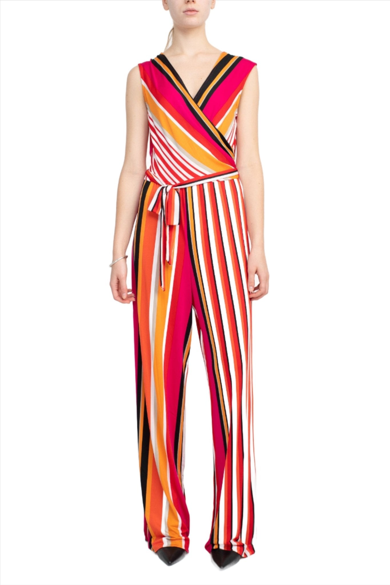 Emma & Michele V - Neck Mock Wrap Top Tie Waist Stripe Print ITY Jumpsuit - Glamourous Grace
