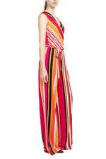 Emma & Michele V - Neck Mock Wrap Top Tie Waist Stripe Print ITY Jumpsuit - Glamourous Grace