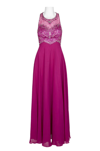 Decode Halter Neck Illusion Embellished Bodice Zipper Back Mesh Chiffon Gown - By Baano