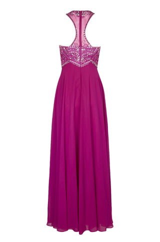 Decode Halter Neck Illusion Embellished Bodice Zipper Back Mesh Chiffon Gown - By Baano