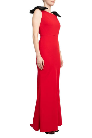 Alberto Makali Boat Neck Sleeveless Bow Shoulder Detail Zipper Back Solid Mermaid Gown - Glamourous Grace