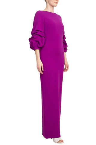 Alberto Makali Boat Neck Gathered 3/4 Sleeve Column Zipper Back Slit Back Scuba Dress - By Baano