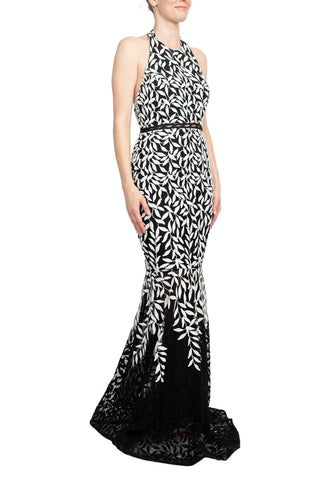 Alberto Makali Halter Neck Open Back Mermaid Godet Embroidered Mesh Dress - By Baano