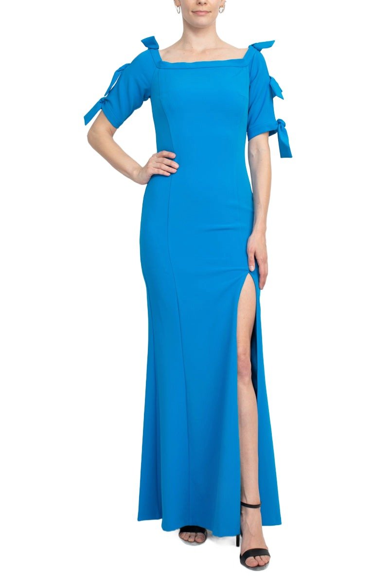Alberto Makali Square Neck Bow Shoulder Detail Short Sleeve Sheath Zipper Back Slit Side Solid Scuba Gown - Glamourous Grace