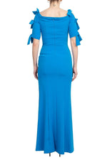 Alberto Makali Square Neck Bow Shoulder Detail Short Sleeve Sheath Zipper Back Slit Side Solid Scuba Gown - Glamourous Grace