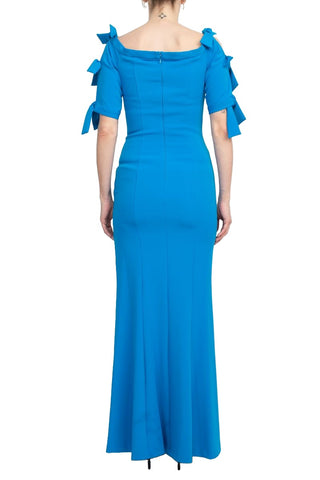Alberto Makali Square Neck Bow Shoulder Detail Short Sleeve Sheath Zipper Back Slit Side Solid Scuba Gown - By Baano