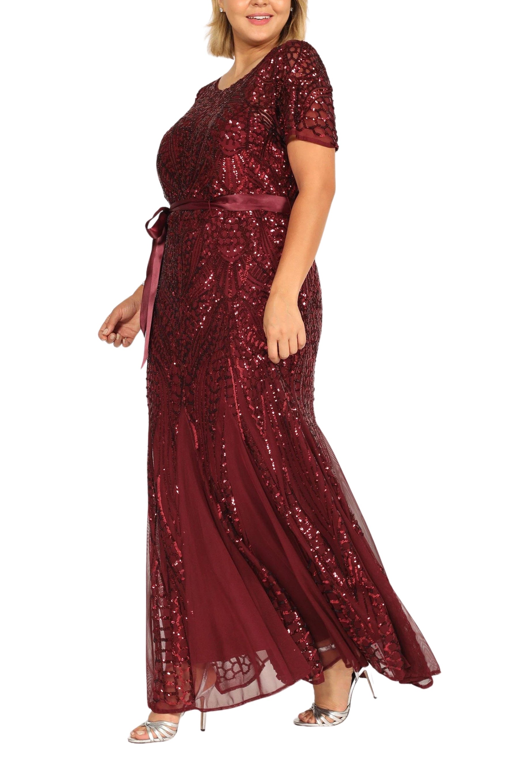 R&M Richards Round Neckline Short Sleeves Pleated Fishtail Skirt Dress (Plus Size)