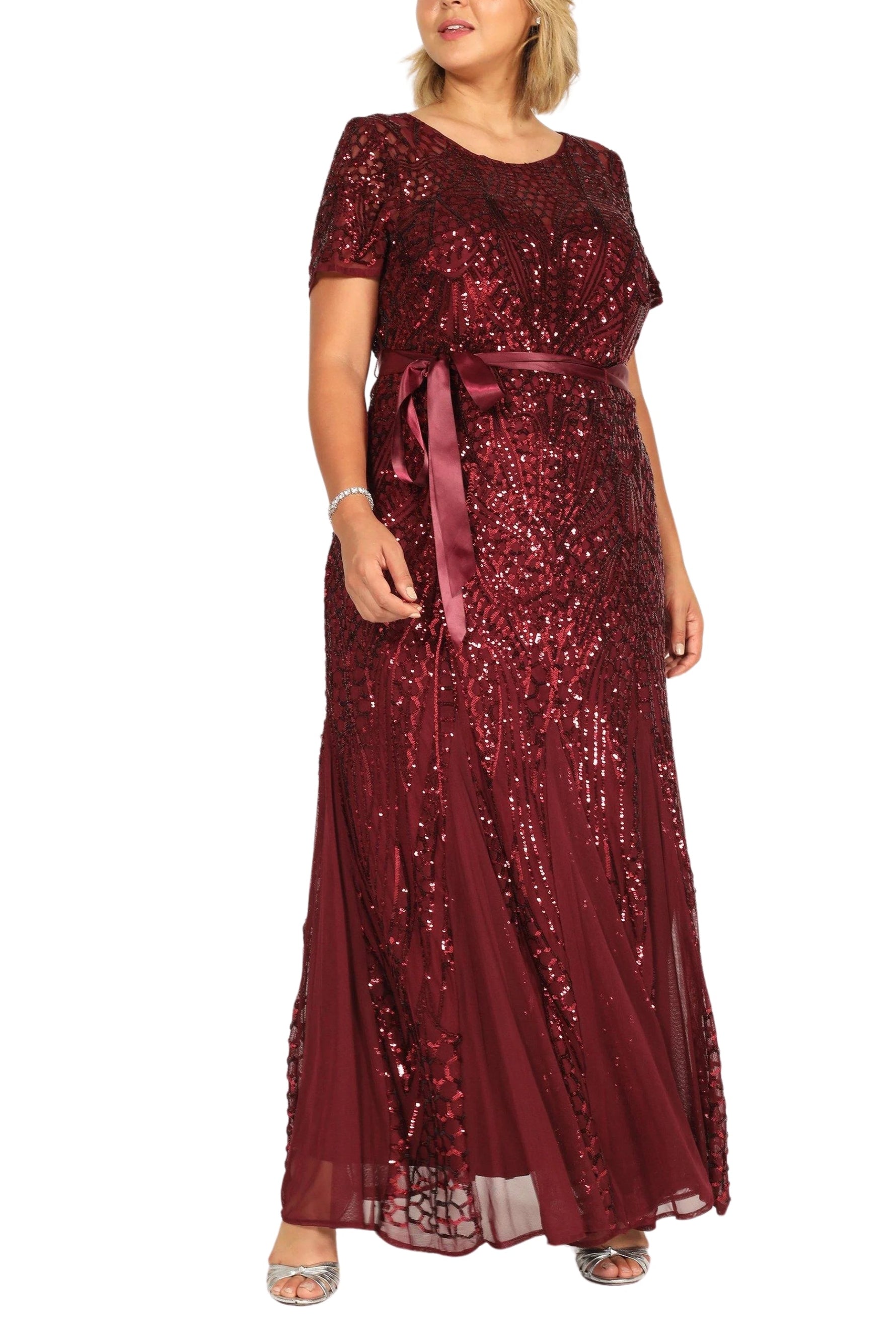 R&M Richards Round Neckline Short Sleeves Pleated Fishtail Skirt Dress (Plus Size)