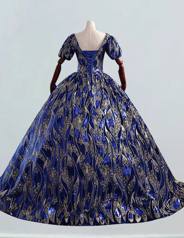 Royal Blue Velvet Sequin Prom Gown | Square Collar Elegant Evening Dress