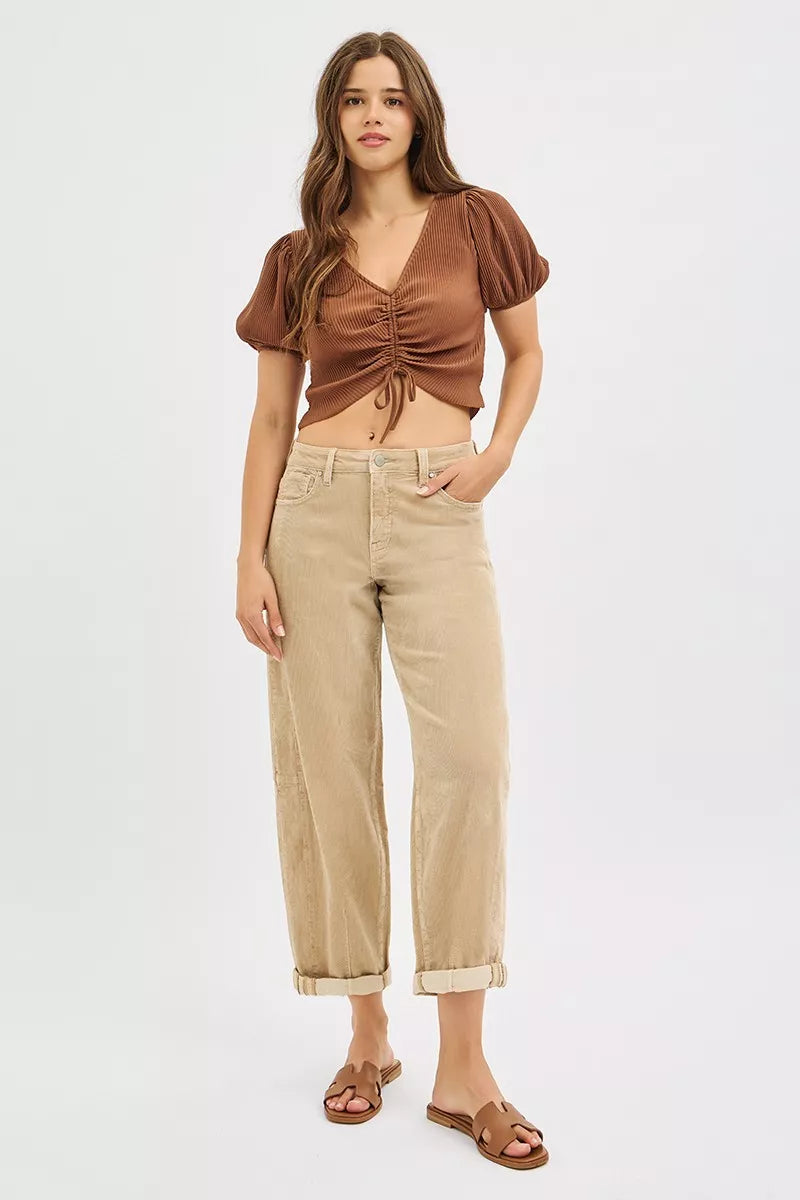 Risen High Rise Crop Barrel Corduroy Pants For Women
