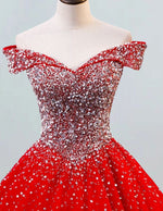 Red off the shoulder beaded rhinestone ball gown prom dress sparkle fluffy tulle wedding gown bridal dress