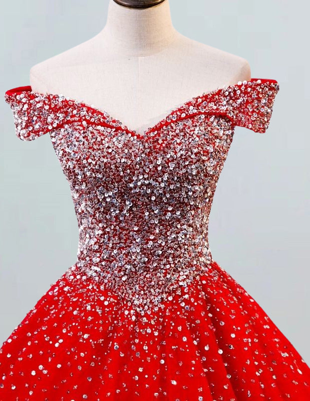 Red off the shoulder beaded rhinestone ball gown prom dress sparkle fluffy tulle wedding gown bridal dress