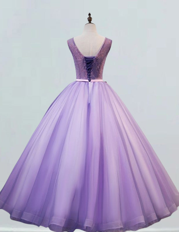 Plus Size Lavender Tulle Evening Gown | Boat Neck Lace Applique Prom Dress