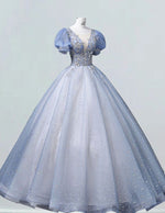 Blue v neck beaded lace applique short sleeve sparkle tulle ball gown prom dress