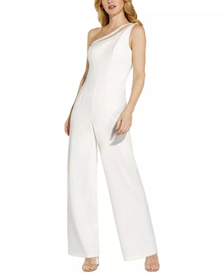 Adrianna Papell Embellished One Shoulder Zipper Side Straight Leg Solid Jumpsuit - By Baano