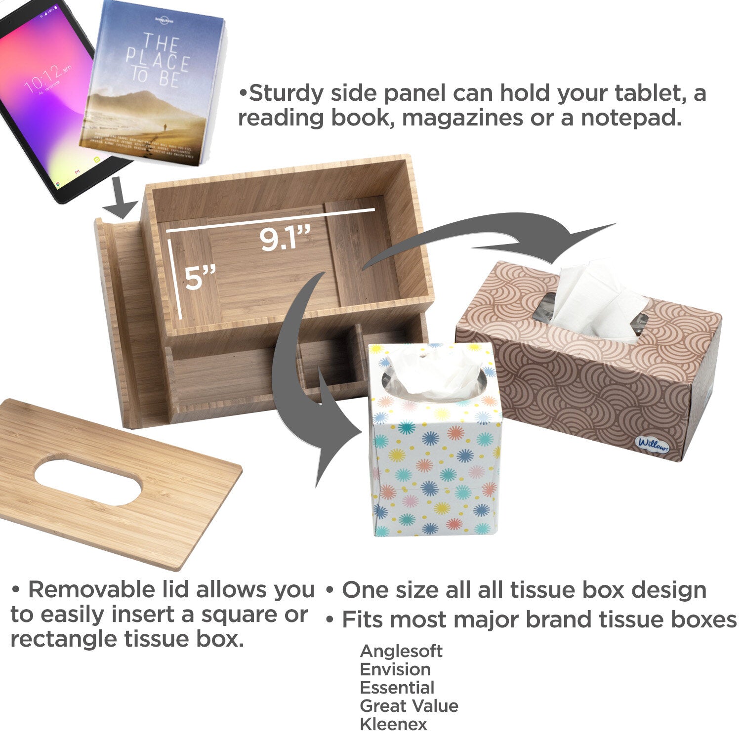 Bamboo Tissue Box Holder & Tablet Stand