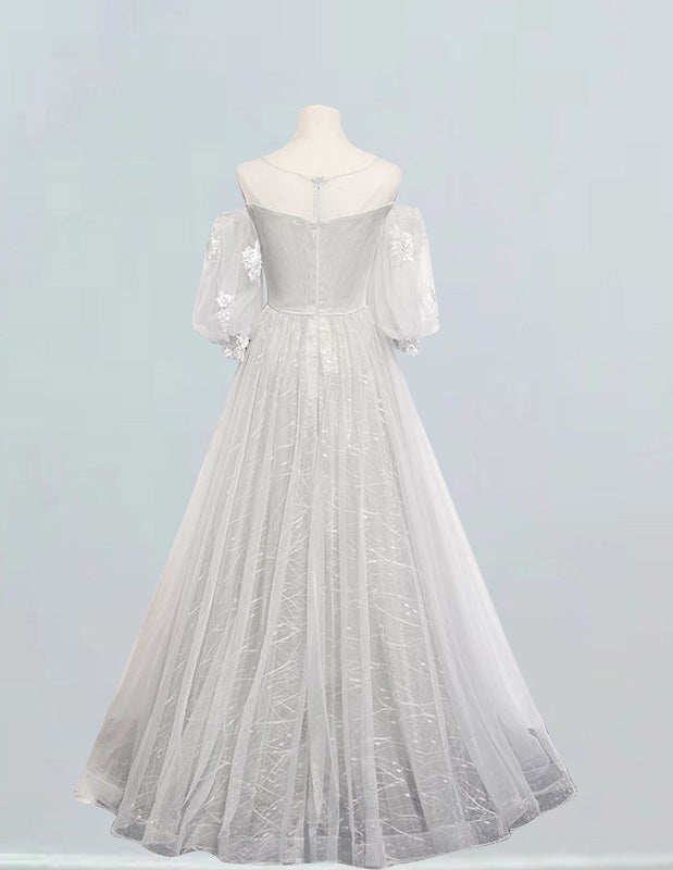 Silver Grey Lace Applique Prom Gown with Sleeves | Scoop Neckline | Elegant Evening Dress