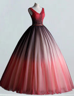Elegant Red Tulle V-Neck Ball Gown | Beaded Floor-Length Evening Dress