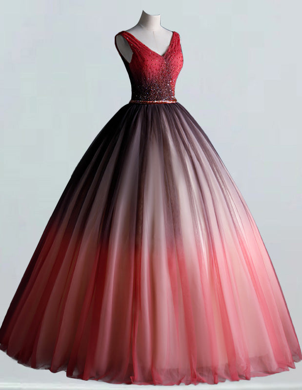 Elegant Red Tulle V-Neck Ball Gown | Beaded Floor-Length Evening Dress