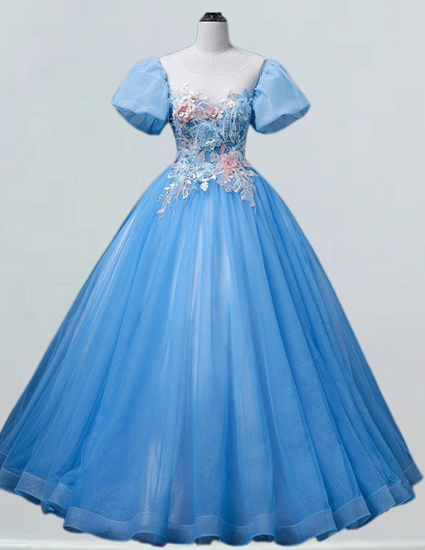 Women's Elegant Blue Tulle Prom Dress | Lace Applique Evening Gown with Sleeves