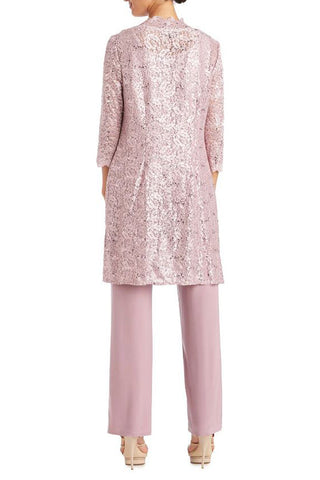 R&M Richards Metallic Lace Tank Top and Pant Set with Sheer Lace Jacket