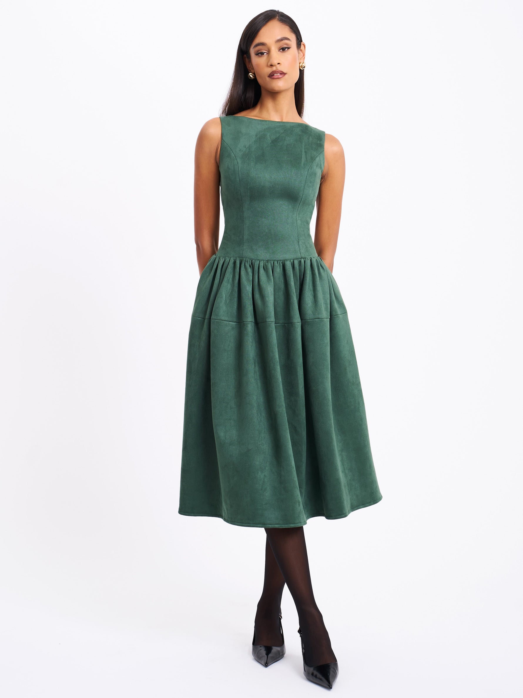 Laila Green Suede Boat Neck Backless Midi Dress