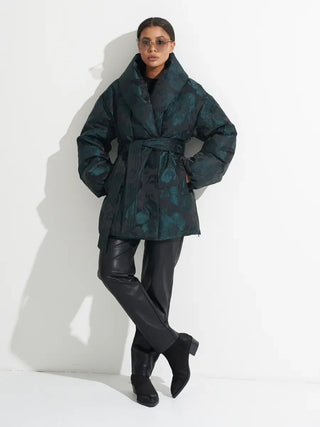 Monochrome Jacquard Down Coat in Vintage Emerald - By Baano