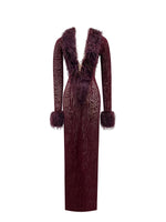 Luana Burgundy Plunging Fur Trimmed Crochet Maxi Dress