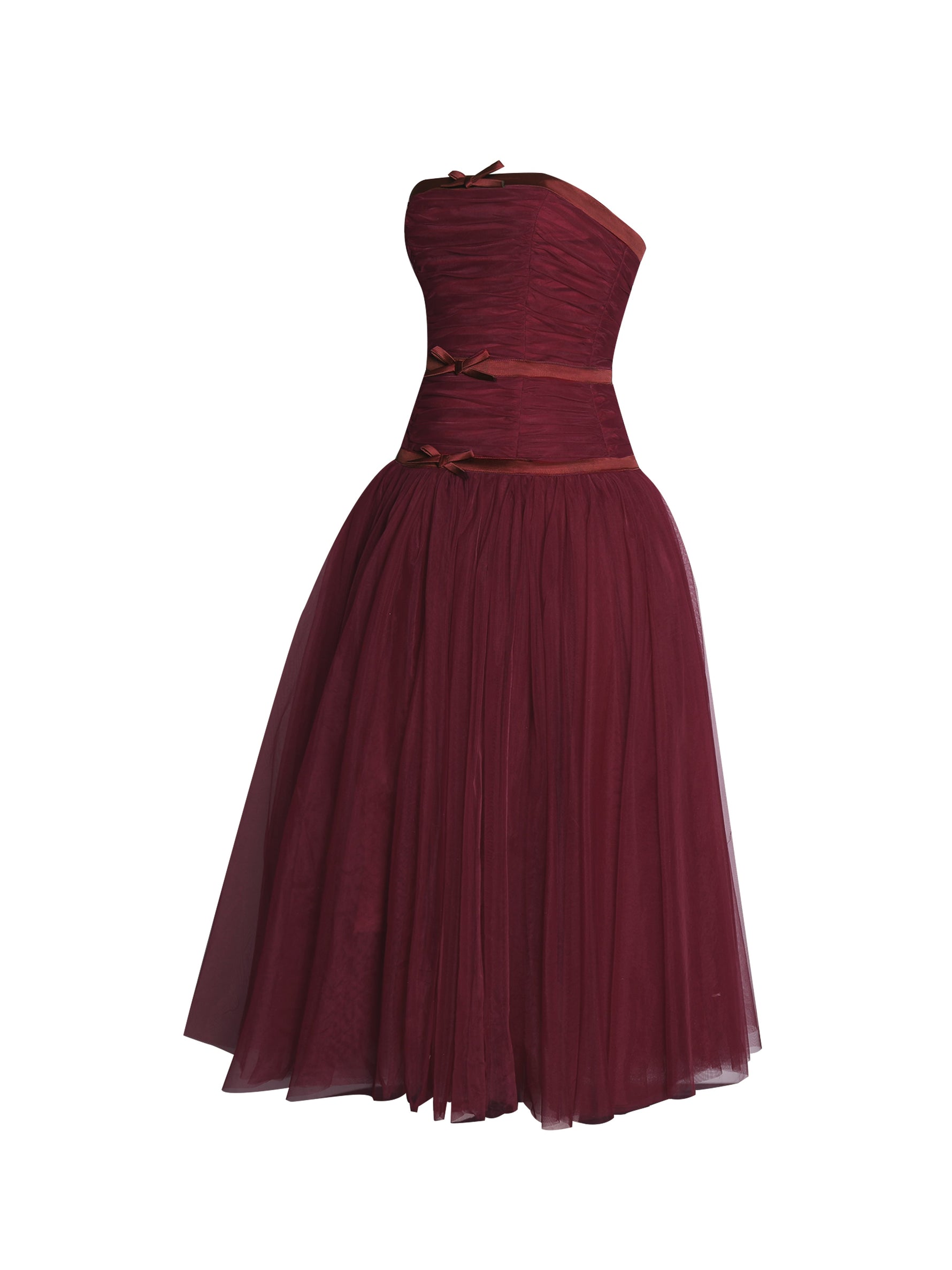 Mabel Burgundy Drop Waist Layered Mesh Midi Puffy Dress with Bow Miss Circle