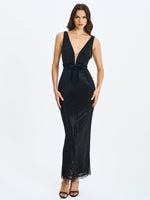 Olympia Black Belted Bow Plunging Rhinestone Maxi Dress Miss Circle