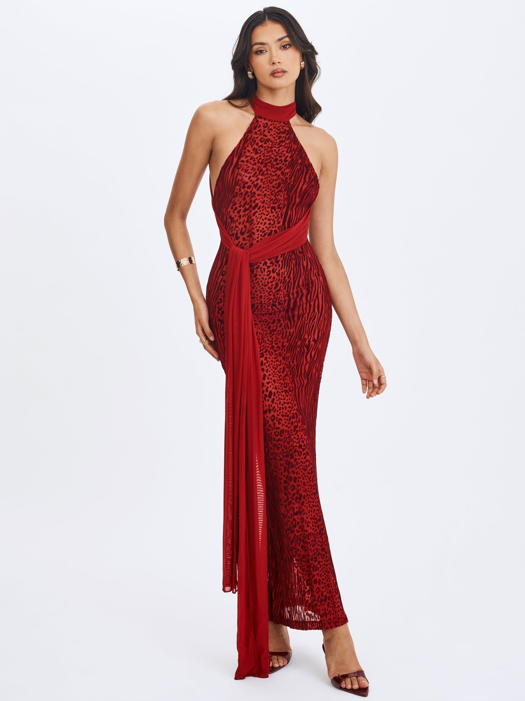 Cerise Scarlet Burnout Velvet Multiwear Mesh Ribbon Maxi Dress