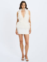 Quisten White Feathered Plunging Halter Mini Dress Miss Circle